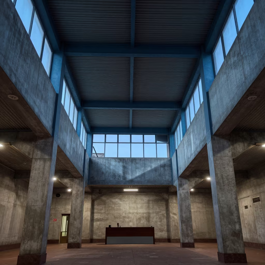 Blue Hour Abstract Steel Geometry Lobby in inside a ribbed concrete lobby in Thiruvananthapuram