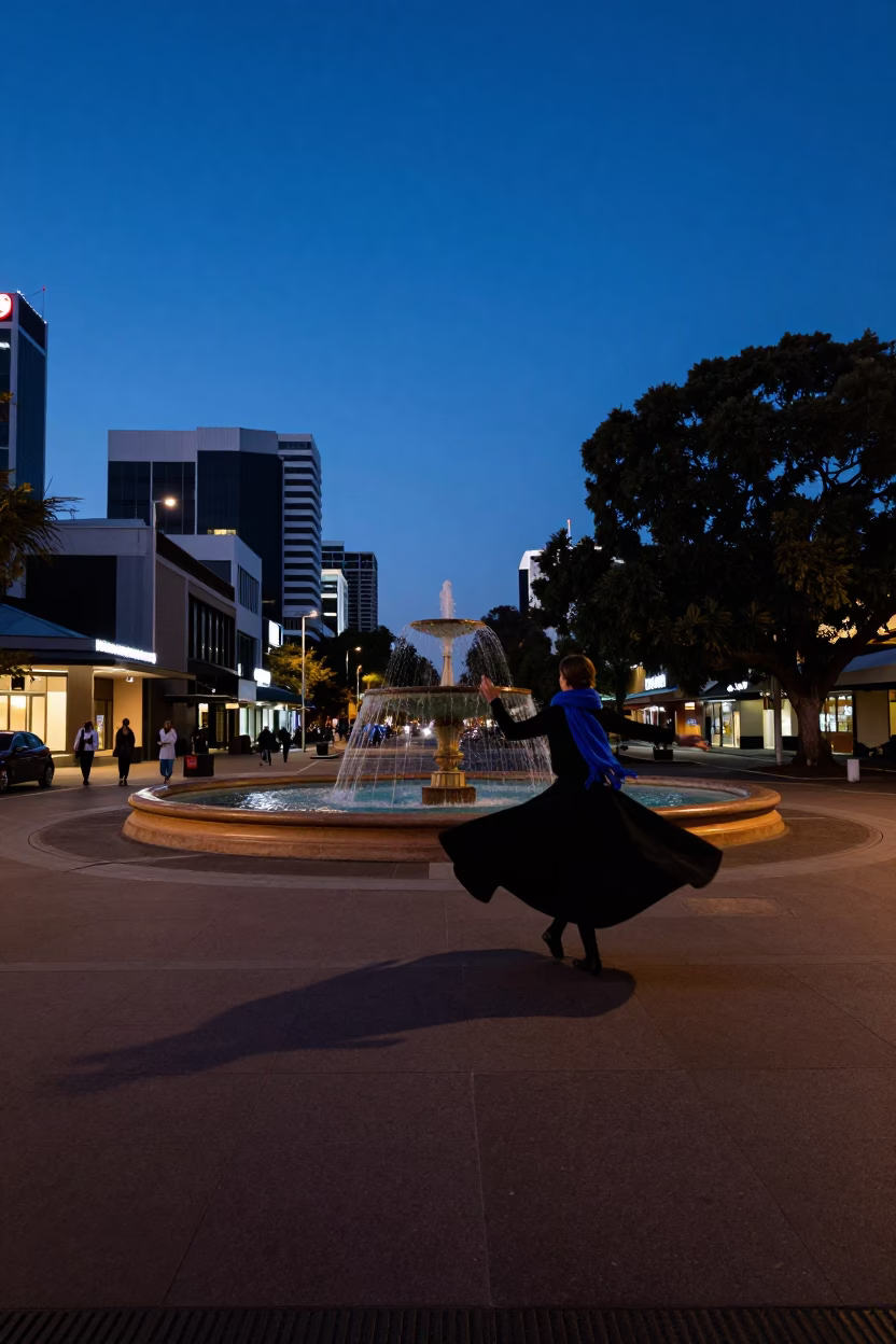 Blue Hour Adelaide Street Scene with Wool Scarves and Dervish in in Adelaide, South Australia, Australia