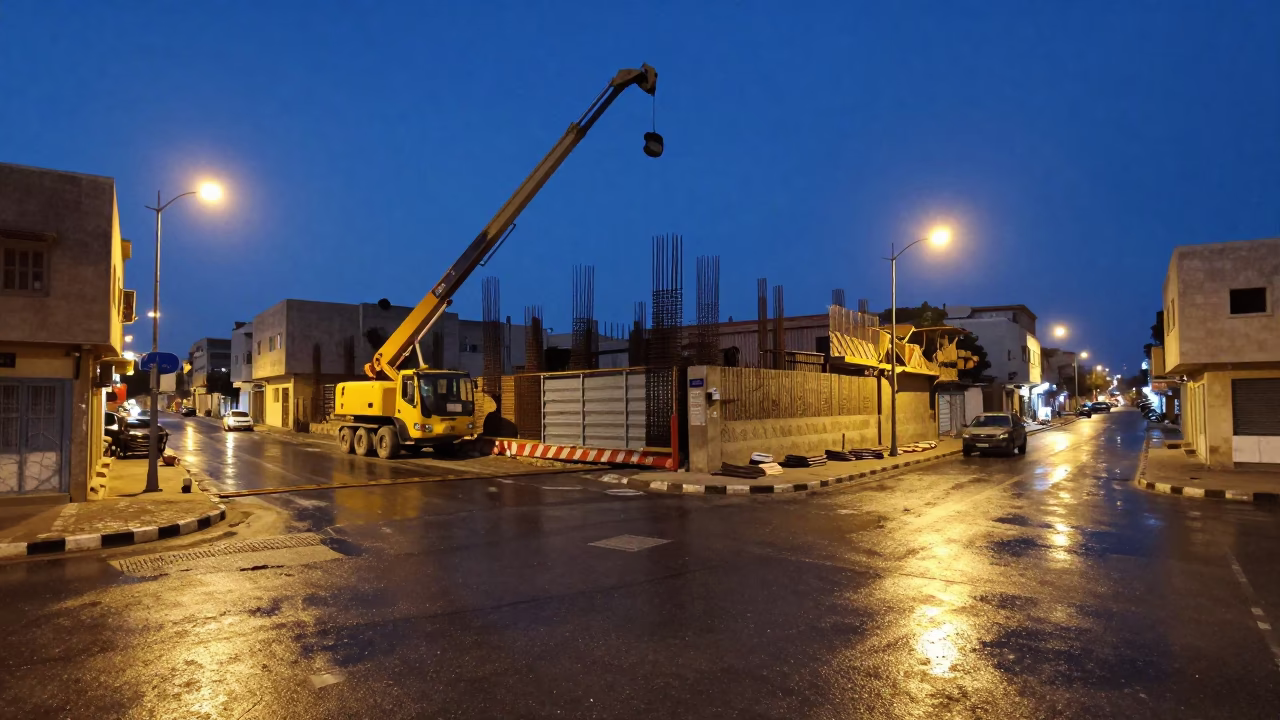 Blue Hour Alexandria Street Scene with Construction Elevator Gate and Rebar Bundles in in Alexandria, Egypt