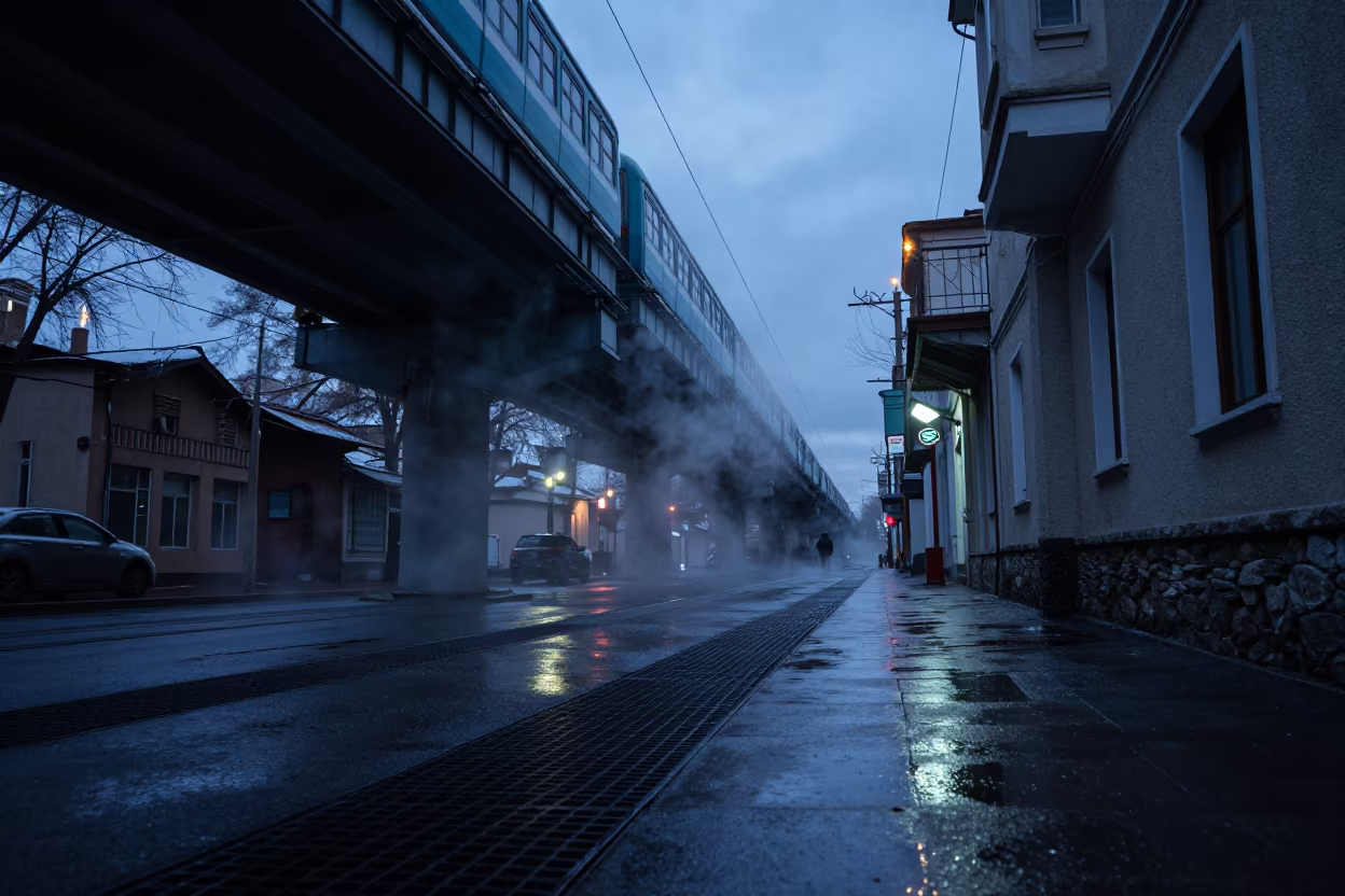 Blue Hour Alley Steam Under Almaty Train Tracks in under an elevated train line in Almaty