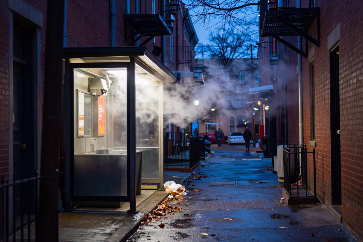 Blue Hour Alley Vent Steam and Trash in beside a steamed-up bus shelter in Philadelphia