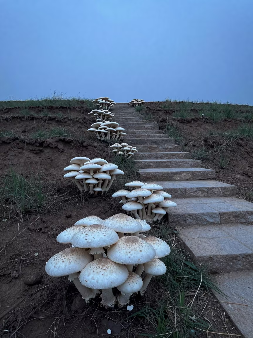 Blue Hour Amanita Staircase in Inner Mongolia in among terraced garden plots in Inner Mongolia