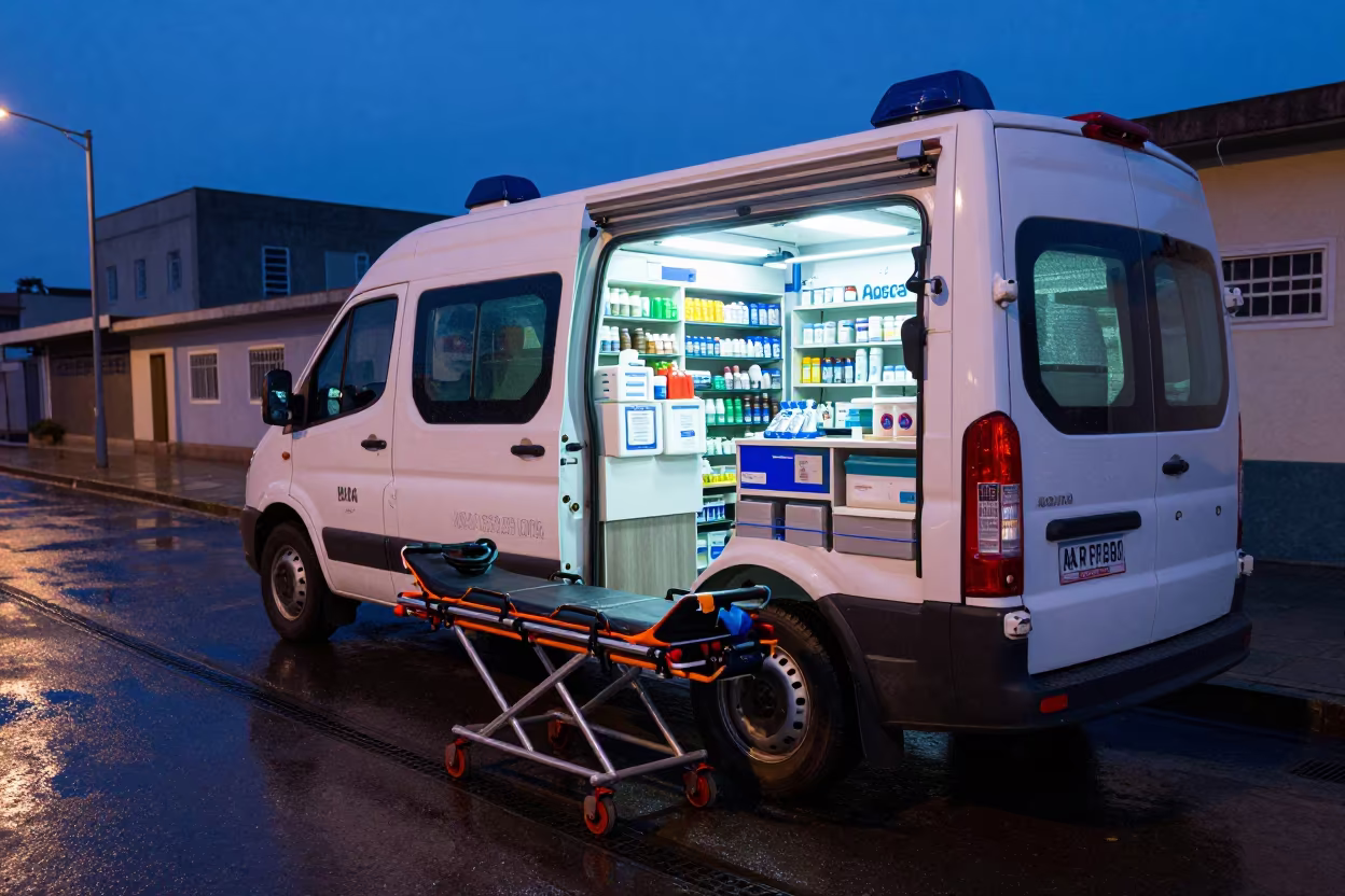 Blue Hour Ambulance Bay Turnover Hargeisa in outside a late-night pharmacy on a wet street near Hargeisa