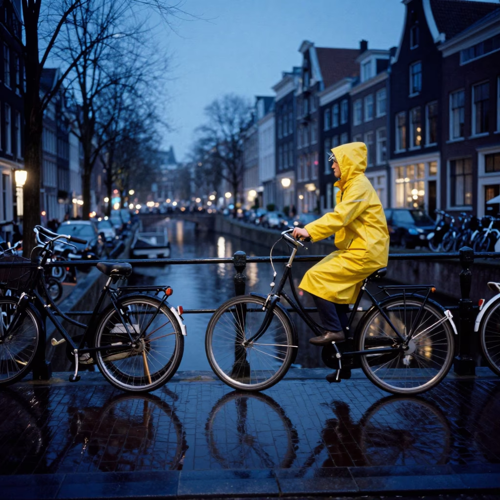 Blue Hour Amsterdam Canal Scene with Bicycle and Cobblestone Reflections in in Amsterdam, Netherlands