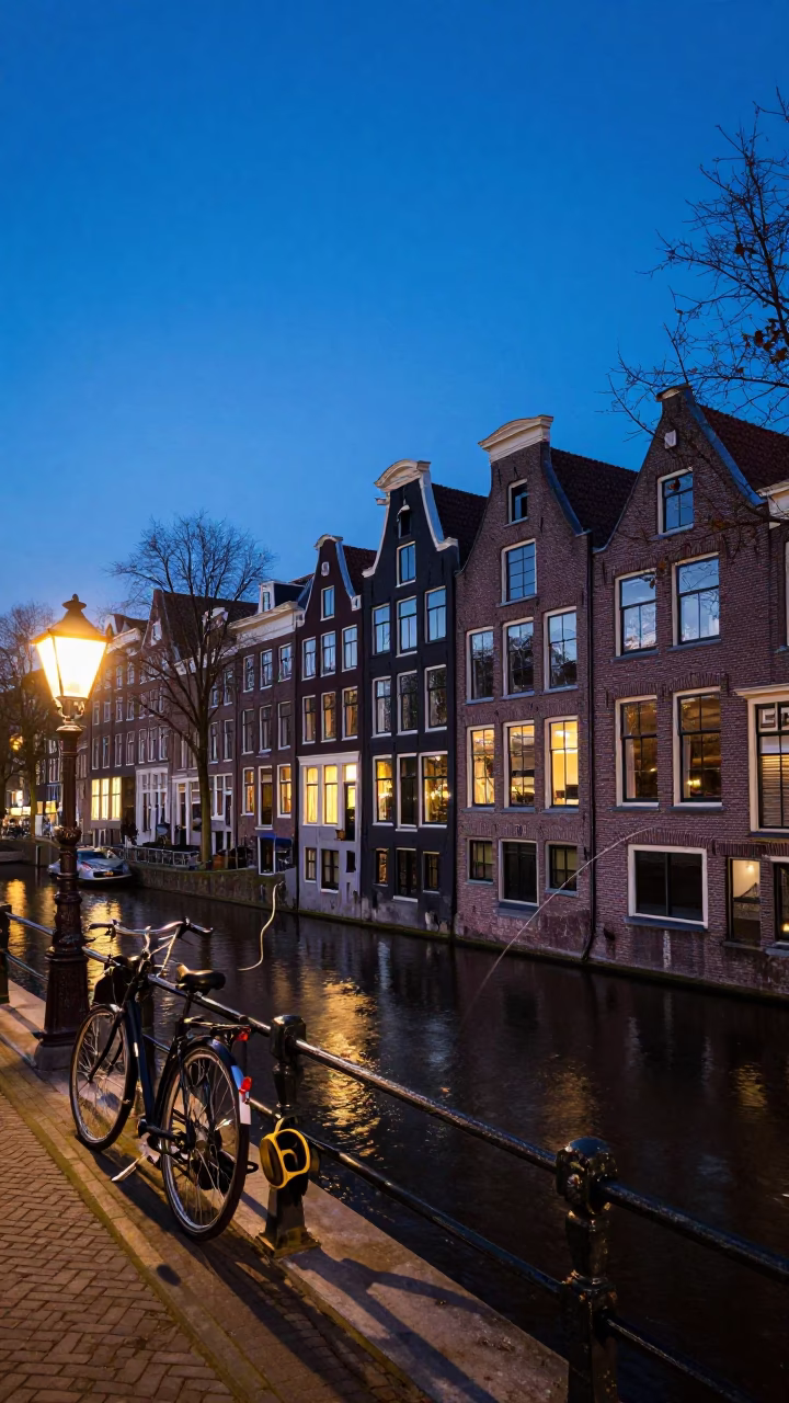Blue Hour Amsterdam Canal Scene with Kite Reel and Historic Brick Architecture in in Amsterdam, Netherlands