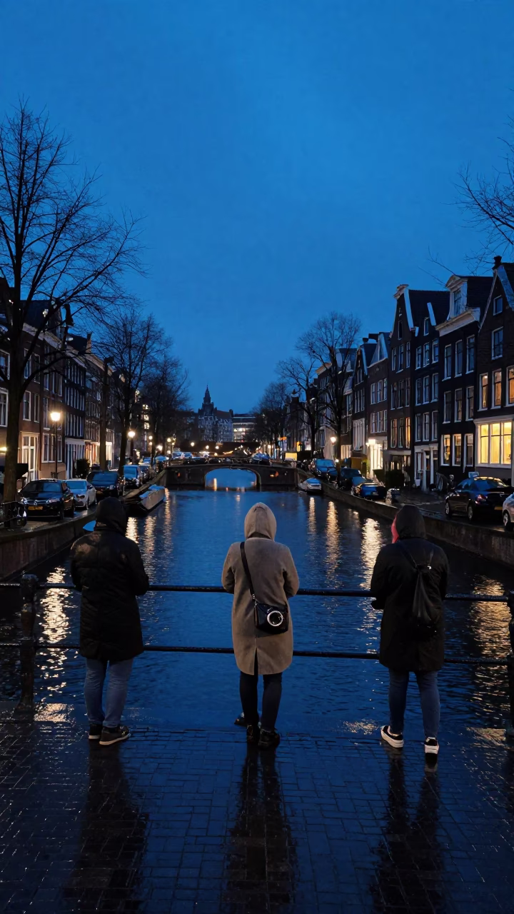 Blue Hour Amsterdam Canal Scene with Raincoats and Wet Cobblestones in in Amsterdam, Netherlands