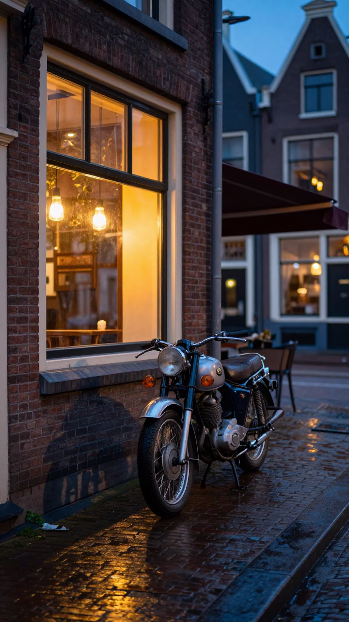 Blue Hour Amsterdam Street Scene with Vintage Motorcycle and Local Cafe Atmosphere in in Amsterdam, Netherlands