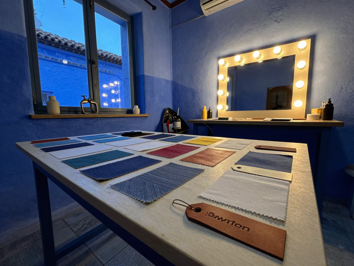 Blue Hour Atelier Swatch Board and Tags in beside a mirror lined with makeup bulbs near Chefchaouen