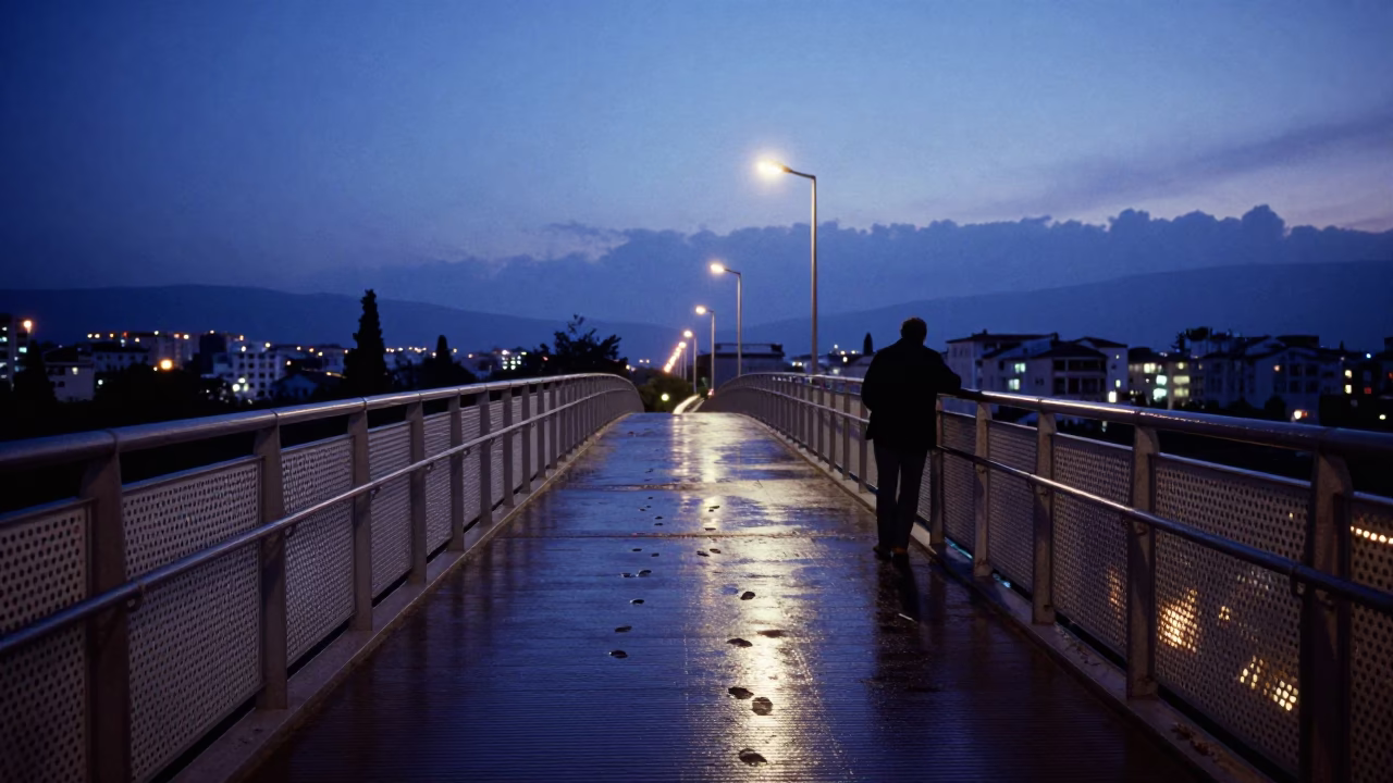 Blue Hour Athens Pedestrian Overpass Perforated Metal Wet Footsteps Street Scene in in Athens, Greece