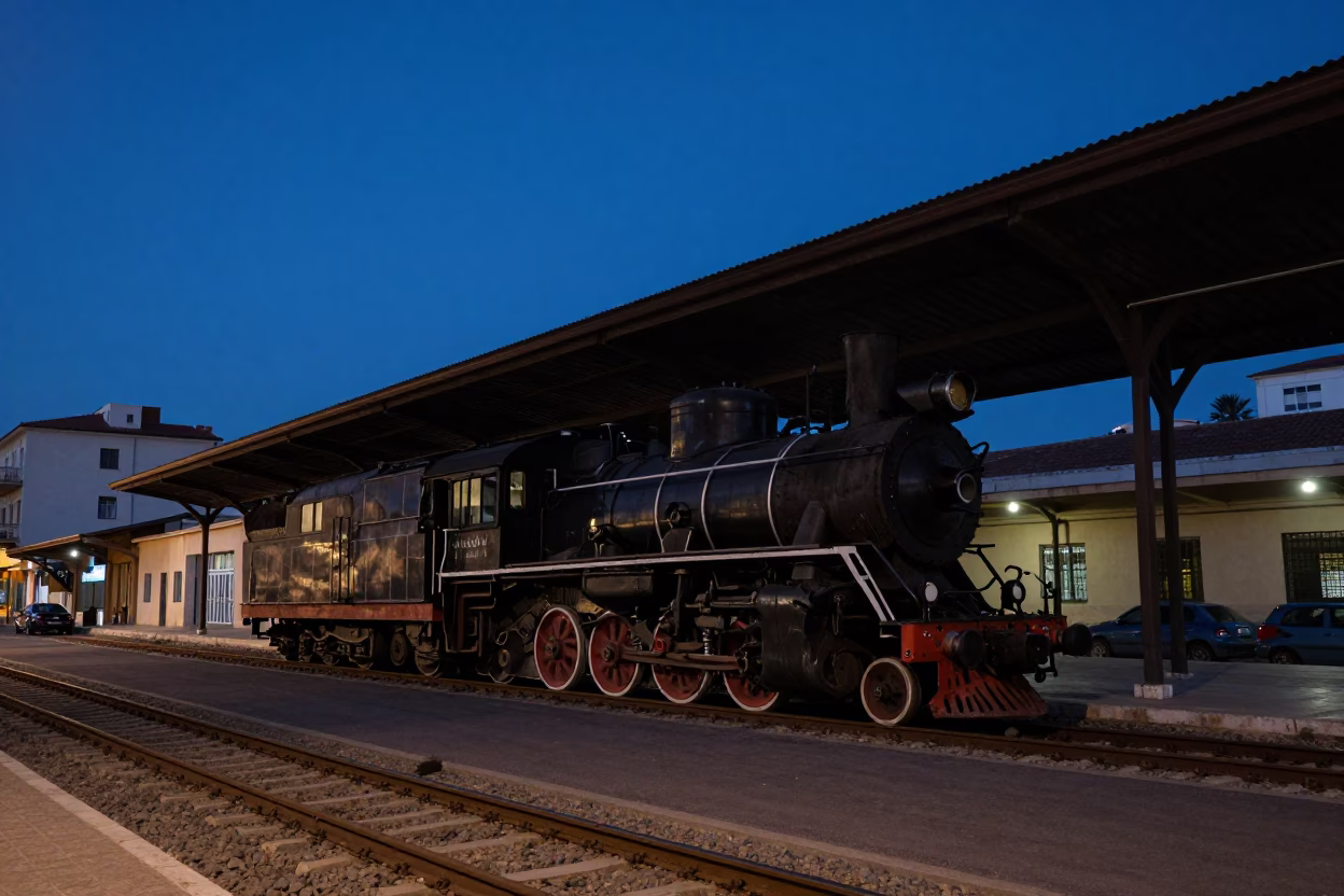 Blue Hour Athens Street Photography with Vintage Locomotive and Urban Life in in Athens, Greece