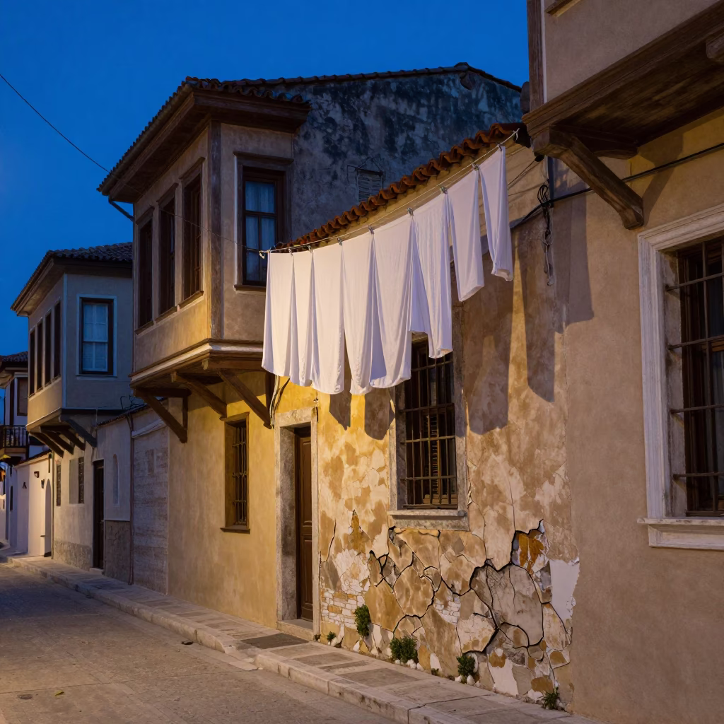 Blue Hour Athens Street Scene with Cracked Stucco and Hanging Laundry in in Athens, Greece