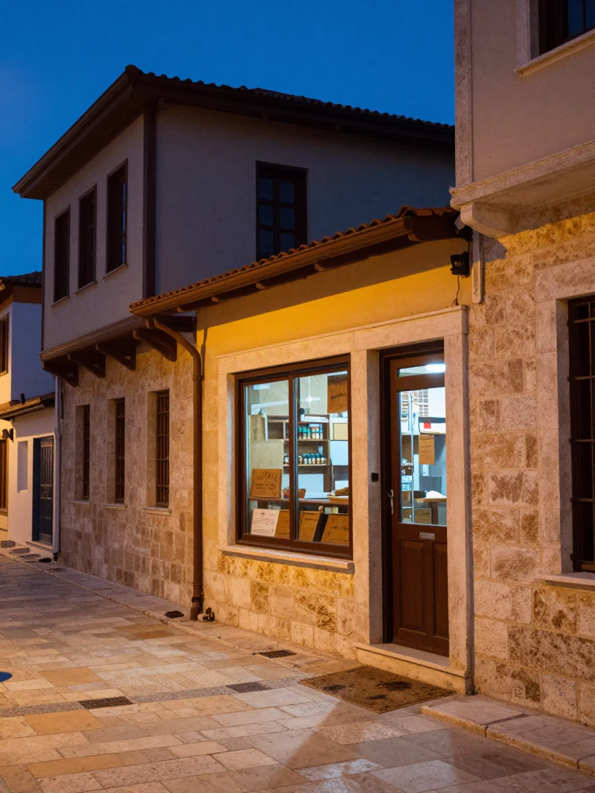 Blue Hour Athens Street Scene with Door Mats and Stone Architecture in in Athens, Greece