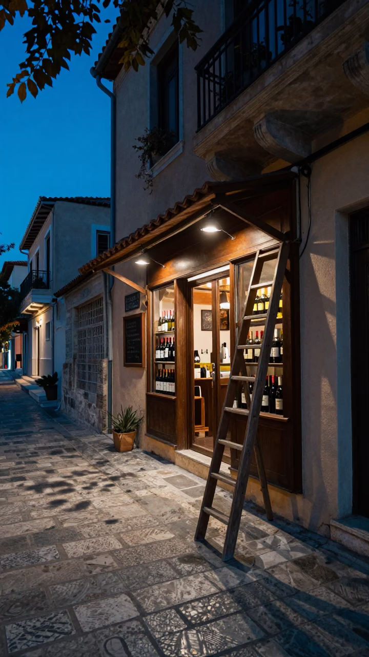 Blue Hour Athens Street Scene with Leaf Shadows and Wine Shop Ladder in in Athens, Greece