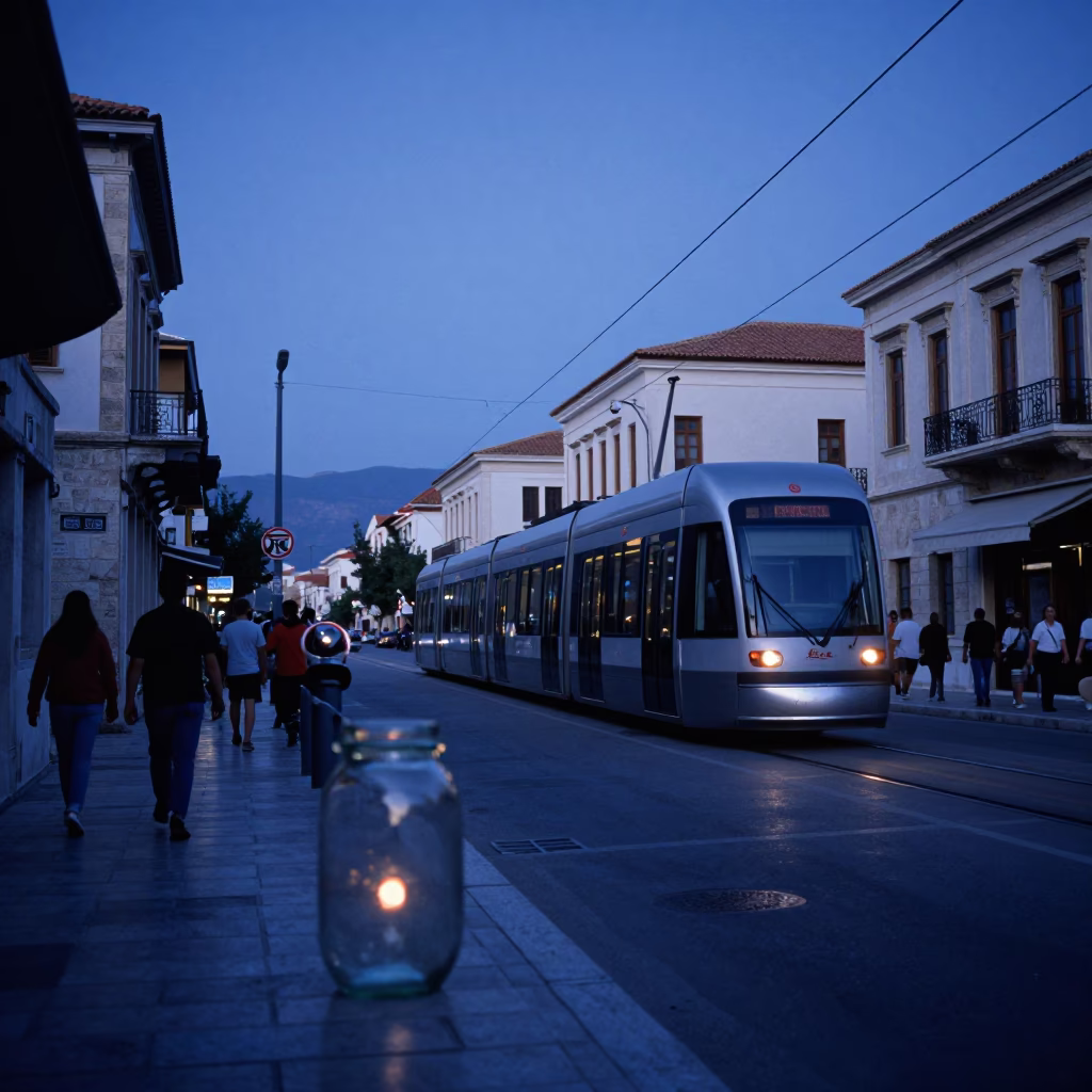 Blue Hour Athens Street Scene with Monorail and Glass Jar Reflection in in Athens, Greece