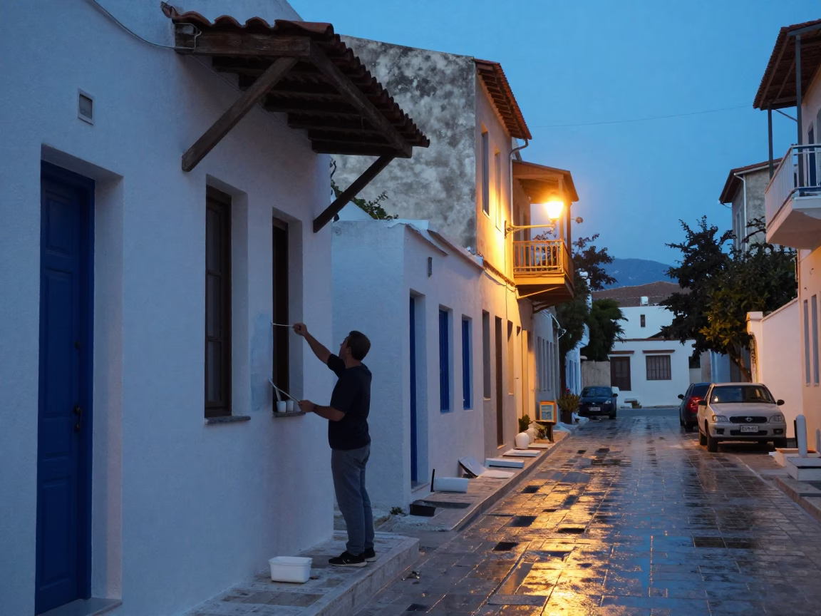 Blue Hour Athens Street Scene with Painter Whitewashing House Wall in in Athens, Greece