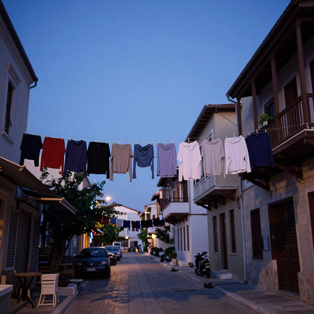 Blue Hour Athens Street Scene with Peg Rails and Shirt Hangers Drying in in Athens, Greece