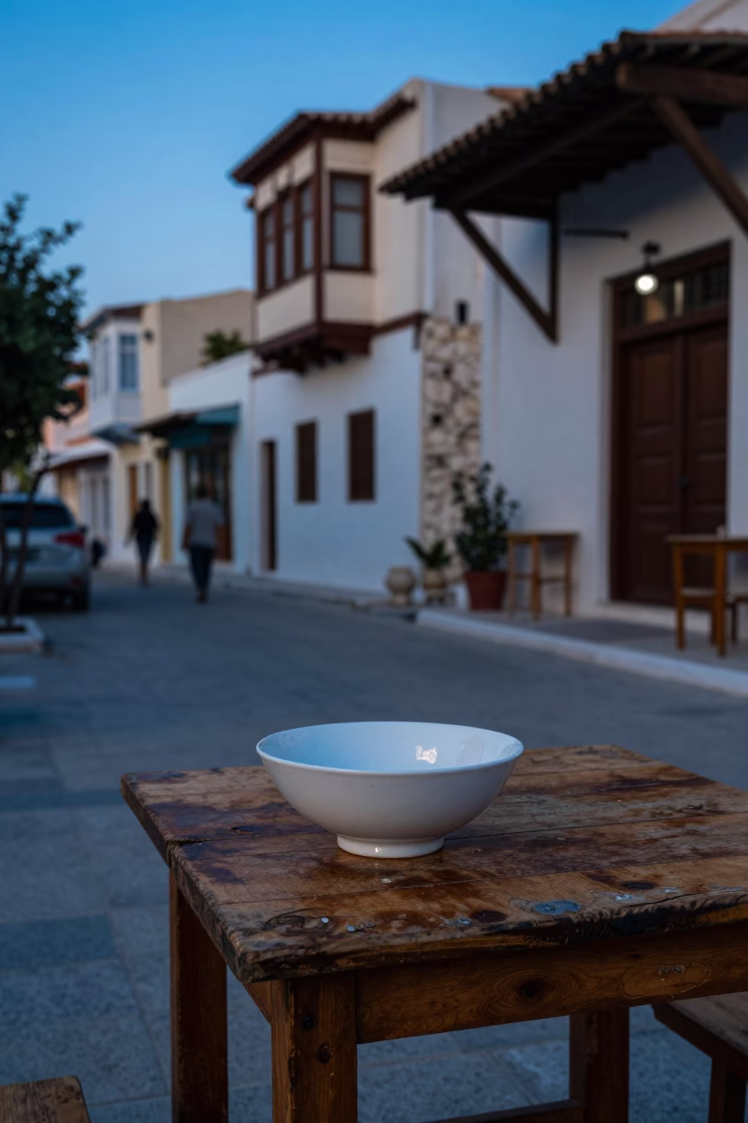 Blue Hour Athens Street Scene with Porcelain and Traditional Architecture in in Athens, Greece