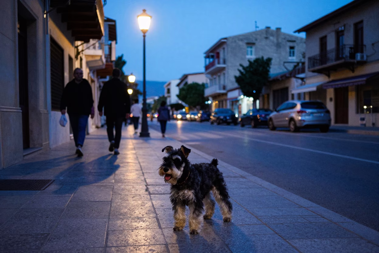Blue Hour Athens Street Scene with Standard Schnauzer and Urban Details in in Athens, Greece