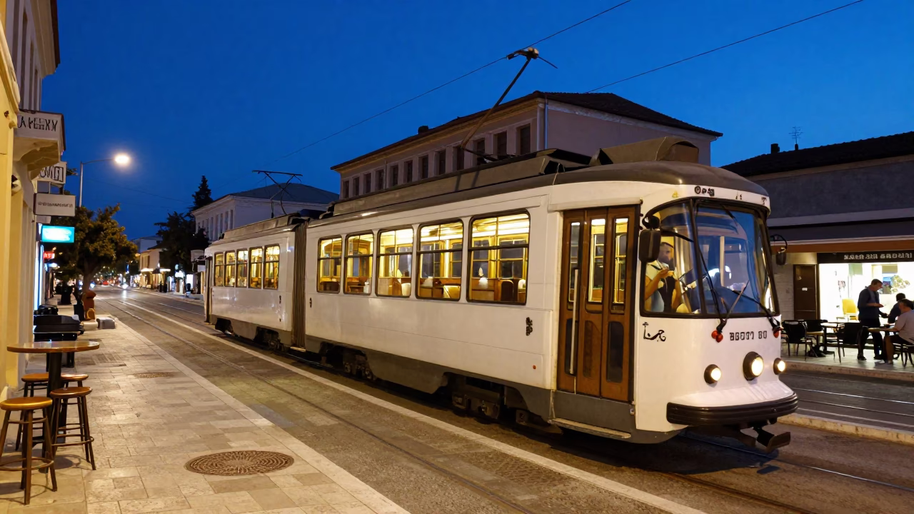 Blue Hour Athens Street Scene with Tram and Bar Stools in in Athens, Greece