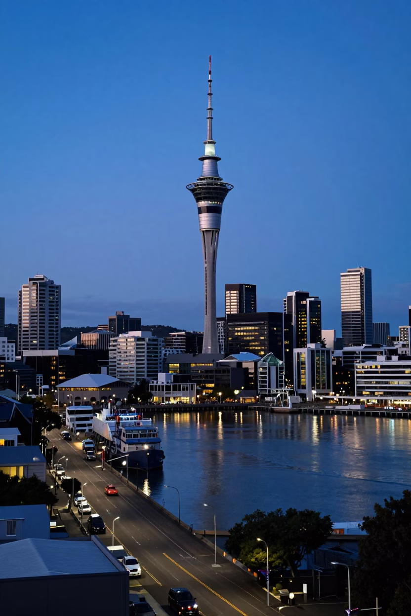Blue Hour Auckland Sky Tower and Viaduct Harbour Street Scene in in Auckland, New Zealand