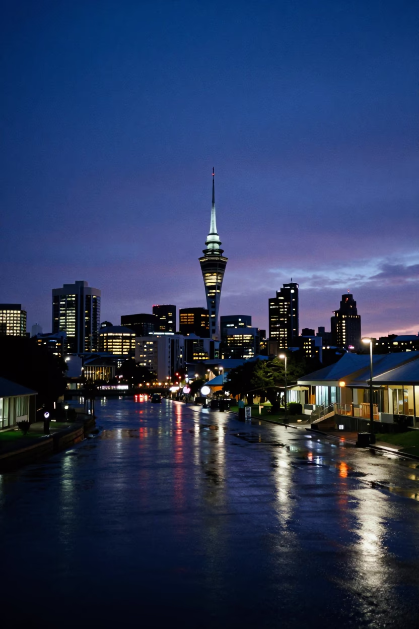 Blue Hour Auckland Skyline and Harbour Lights Reflecting on Wet Street Pavement in in Auckland, New Zealand