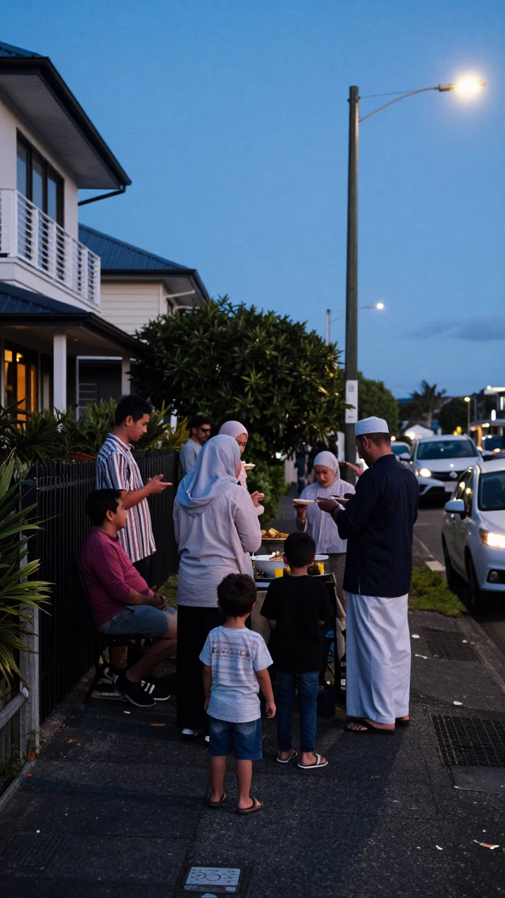 Blue Hour Auckland Street Scene with Family Gathering and Food in in Auckland, New Zealand