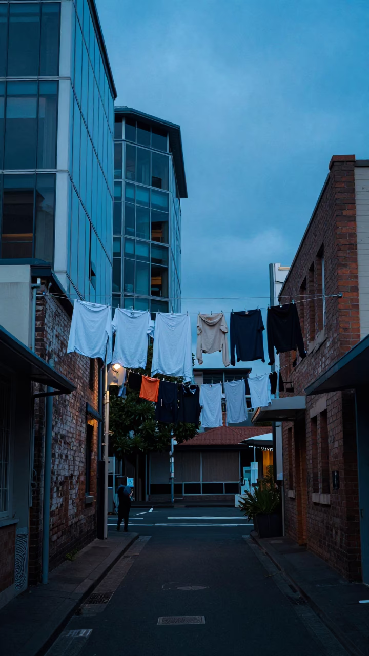 Blue Hour Auckland Street Scene with Laundry Lines and Urban Details in in Auckland, New Zealand