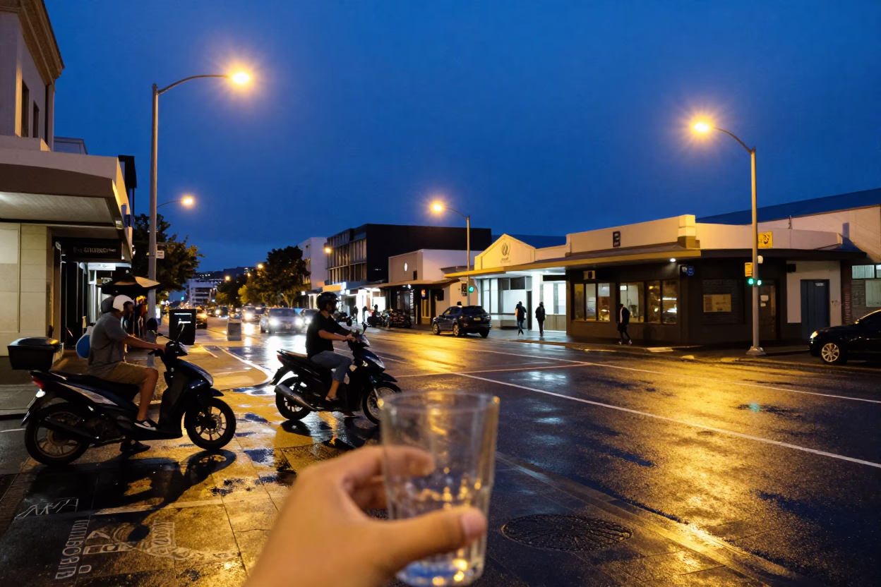 Blue Hour Auckland Street Scene with Motorcycle and Glass Tumbler on Table in in Auckland, New Zealand