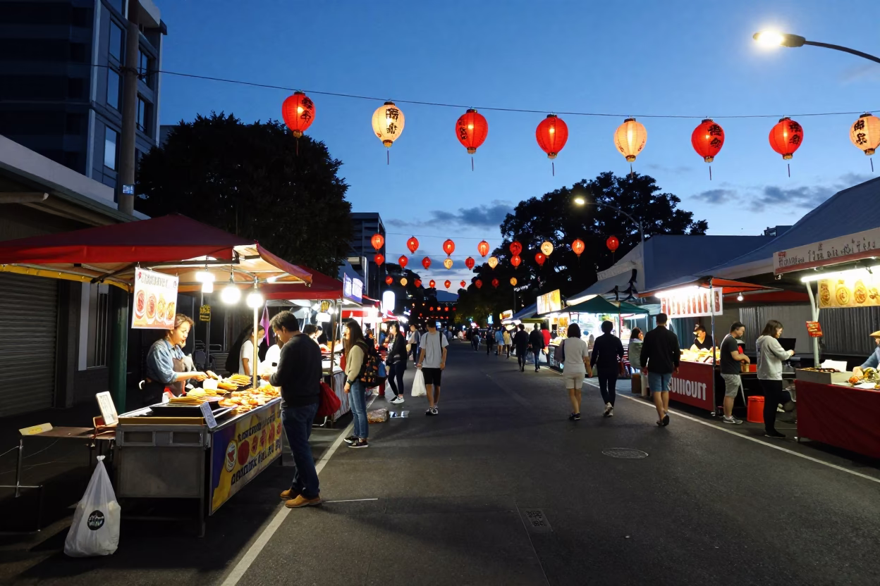 Blue Hour Auckland Street Scene with Night Market Lanterns and Satay Skewers in in Auckland, New Zealand