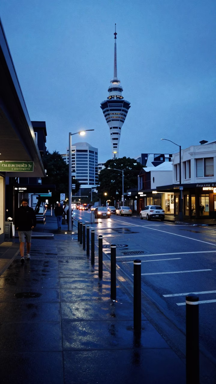 Blue Hour Auckland Street Scene with Wet Railings and Urban Details in in Auckland, New Zealand