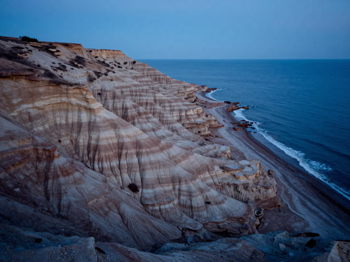 Blue Hour Badlands Striped Earth Greece Shoreline in along a wave-cut shoreline in Greece