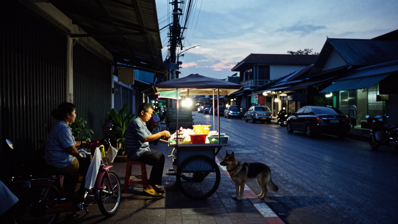 Blue Hour Bangkok Street Scene with Bohemian Shepherd and Local Vendor in in Bangkok, Thailand