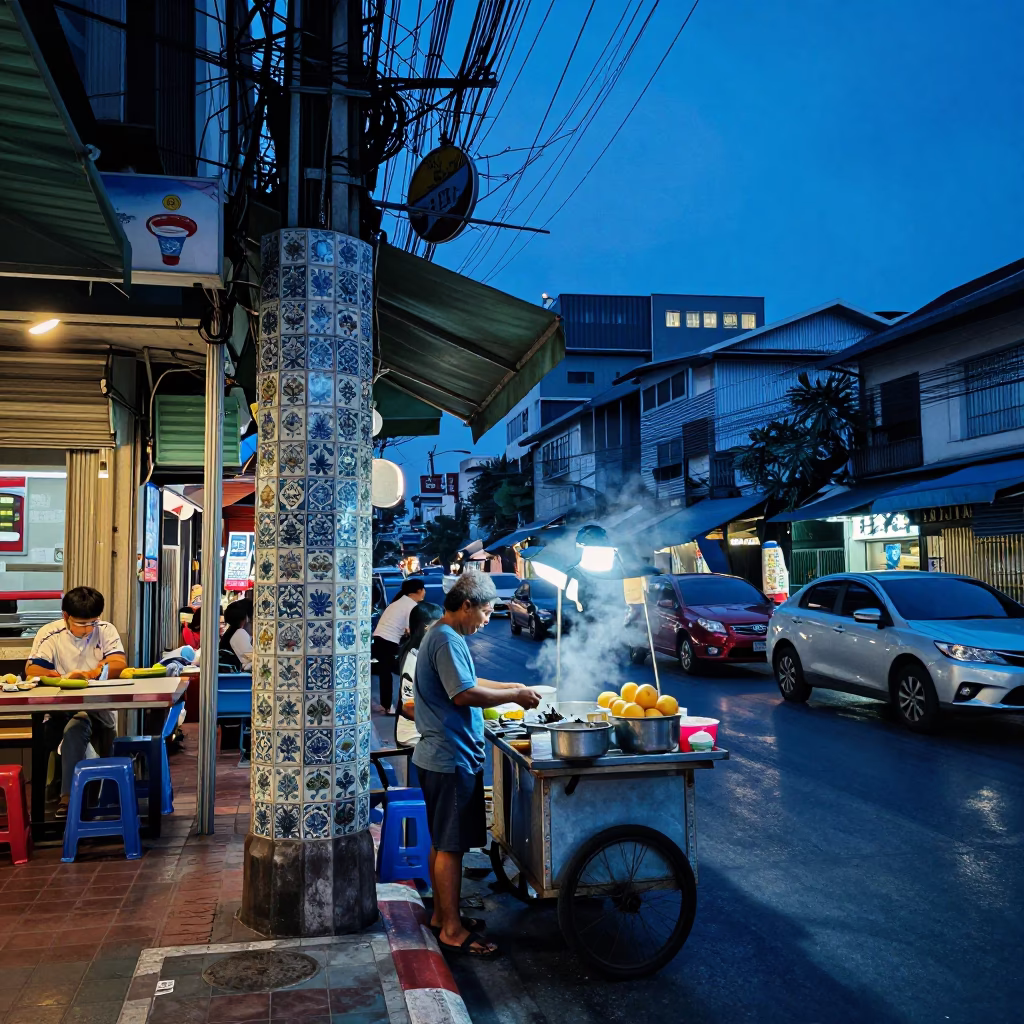 Blue Hour Bangkok Street Scene with Ceramic Tiles and Local Evening Activity in in Bangkok, Thailand