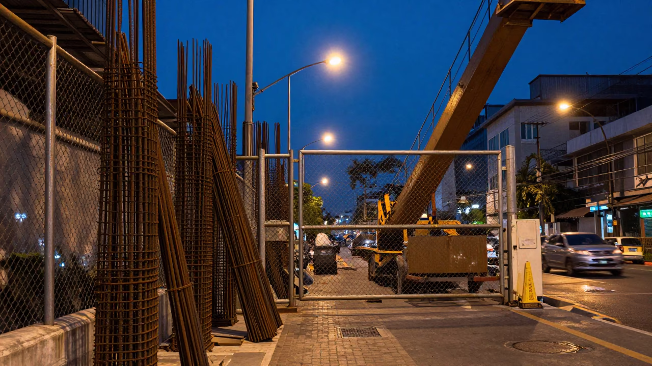 Blue Hour Bangkok Street Scene with Construction Elevator Gate and Rebar Bundles in in Bangkok, Thailand