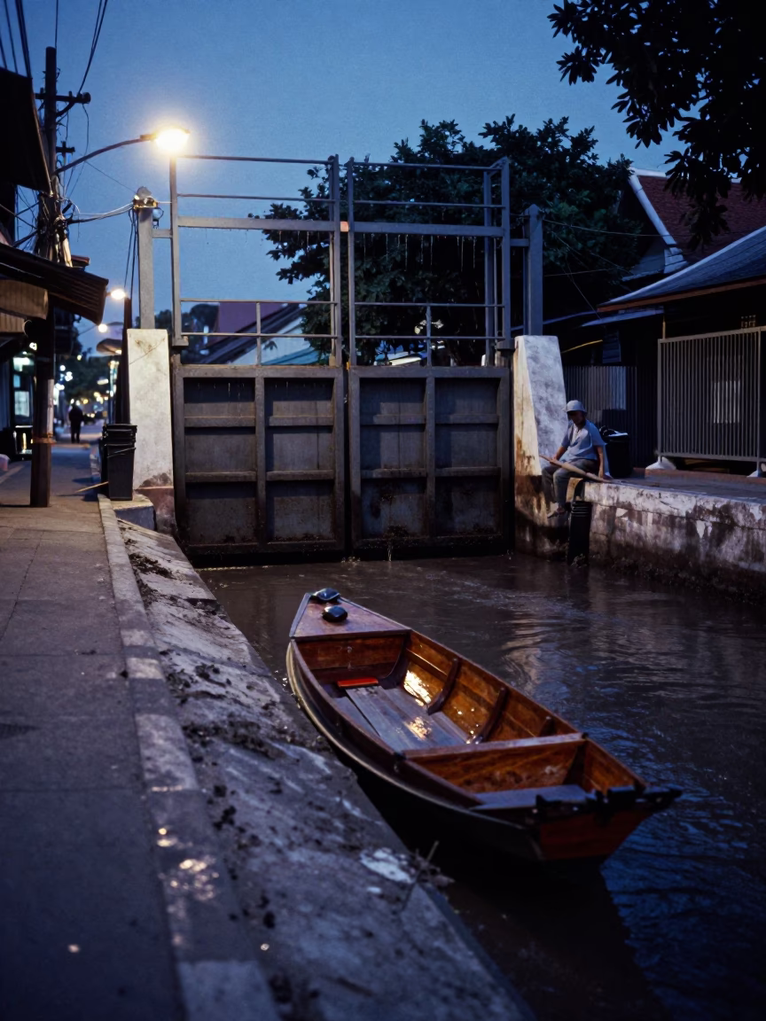 Blue Hour Bangkok Street Scene with Dripping Sluice Gate and Muddy Canal Edge in in Bangkok, Thailand