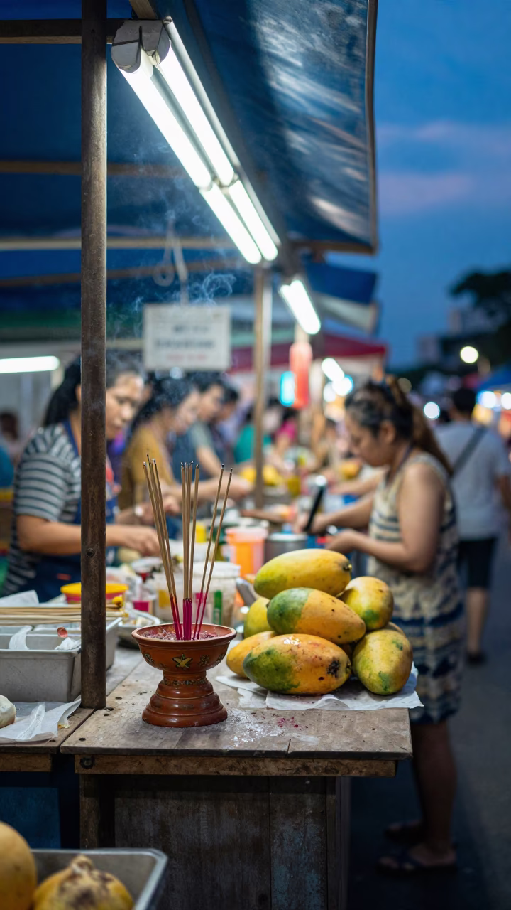 Blue Hour Bangkok Street Scene with Incense Holder and Mangoes in in Bangkok, Thailand