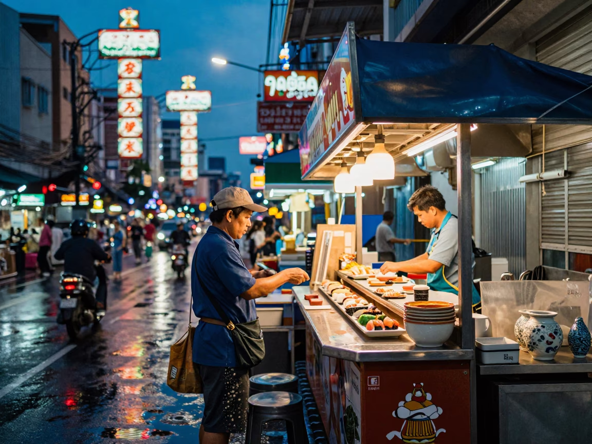 Blue Hour Bangkok Street Scene with Lacquered Sushi Counter and Ceramic Mugs in in Bangkok, Thailand
