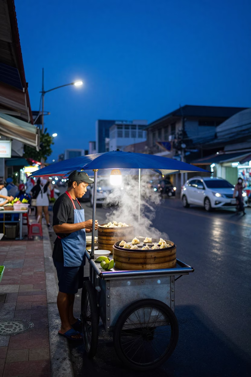 Blue Hour Bangkok Street Scene with Lotus Bud and Street Vendor Activity in in Bangkok, Thailand