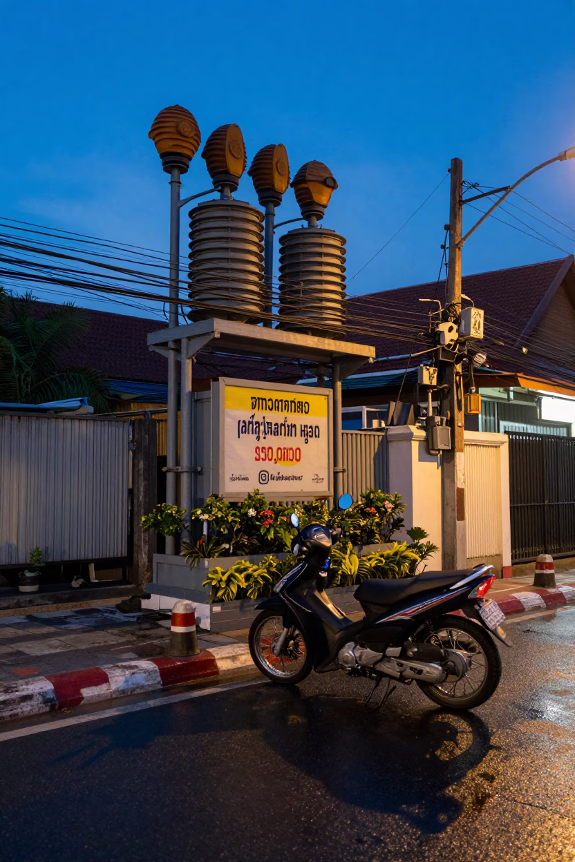 Blue Hour Bangkok Street Scene with Motorcycle and Substation Glow in in Bangkok, Thailand