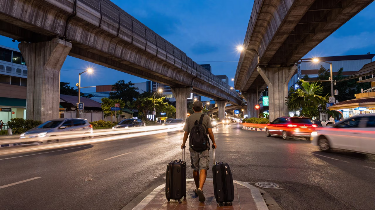 Blue Hour Bangkok Street Scene with Suitcases and Overpass Taillight Streaks in in Bangkok, Thailand
