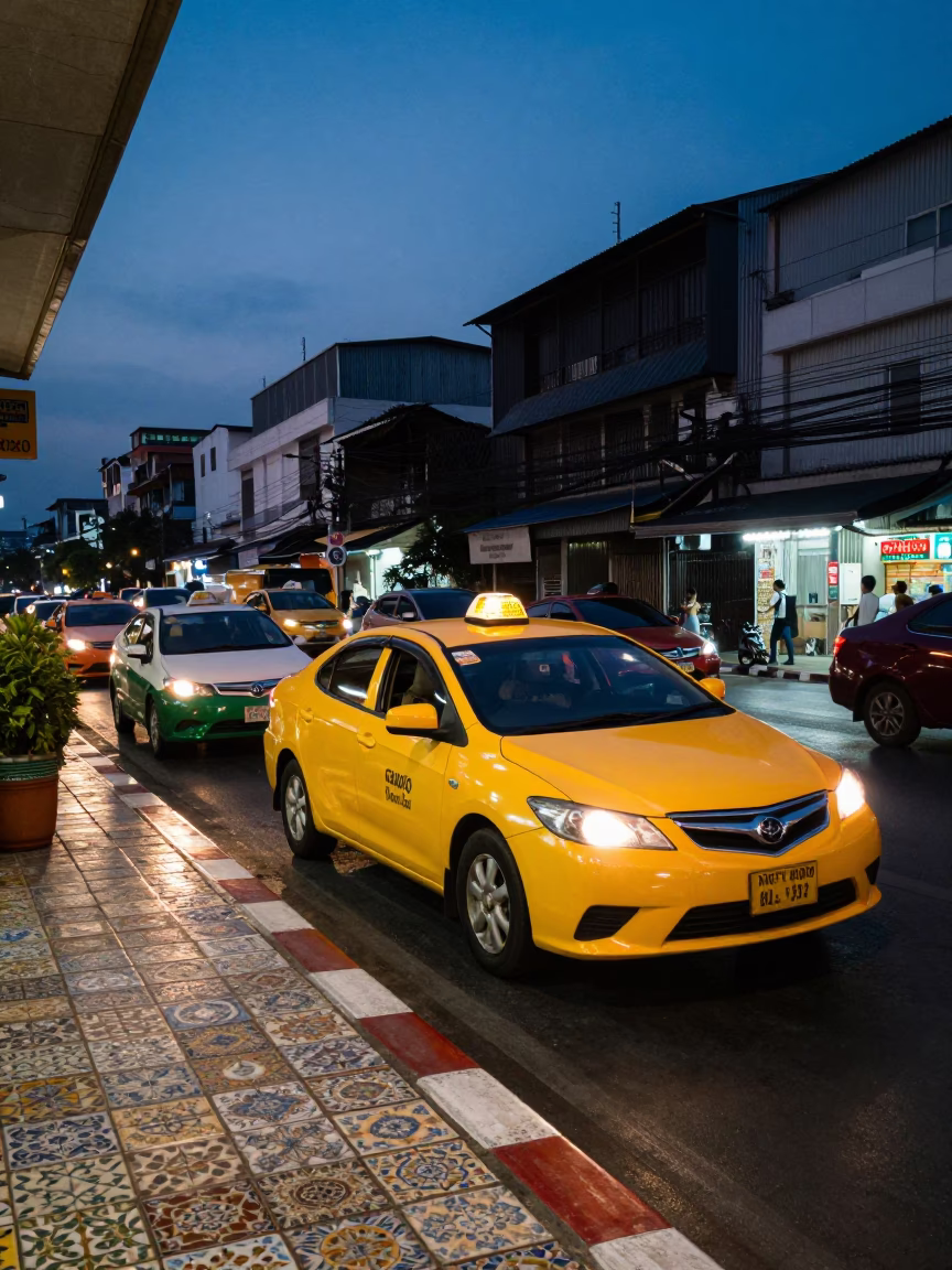 Blue Hour Bangkok Street Scene with Yellow Taxi and Ceramic Tiles in in Bangkok, Thailand