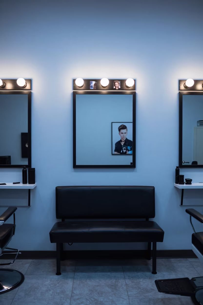 Blue Hour Barber Shop Waiting Bench in at a barber station beneath mirror bulbs in St Petersburg