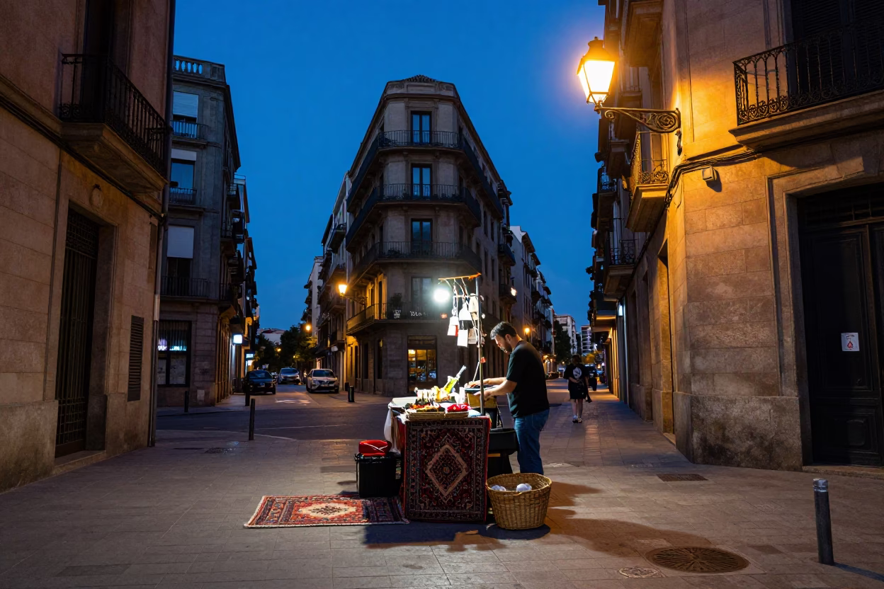 Blue Hour Barcelona Street Scene with Basket and Patterned Rug in in Barcelona, Spain