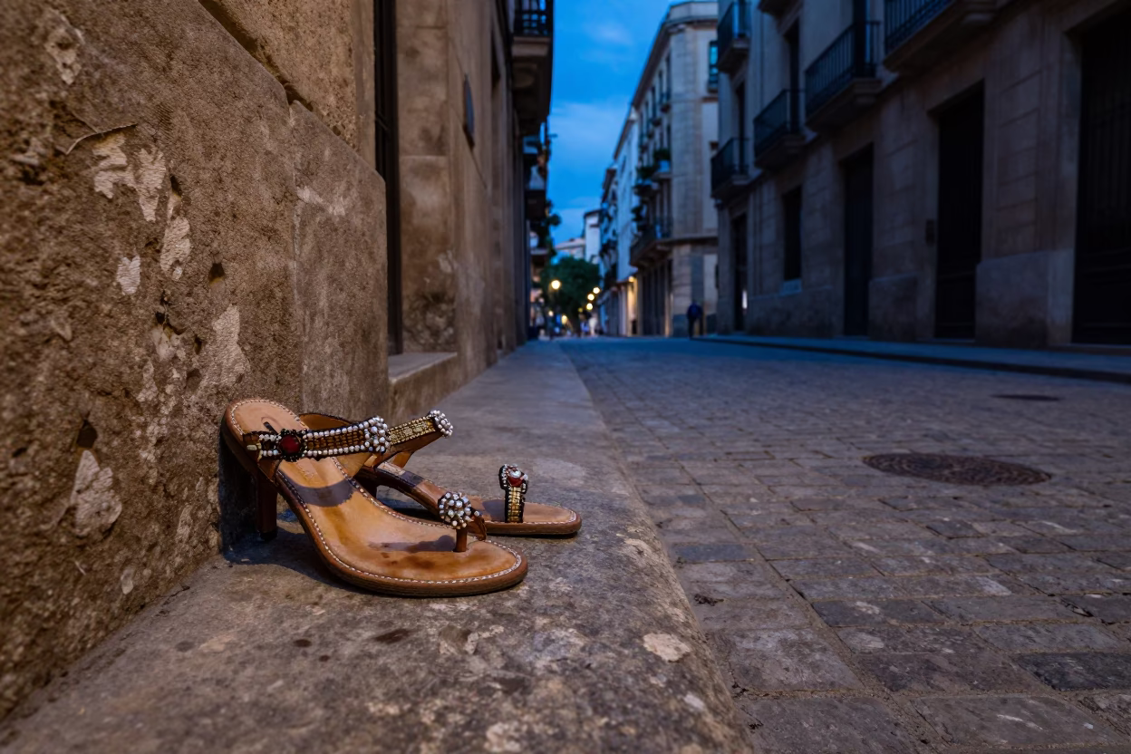 Blue Hour Barcelona Street Scene with Beaded Sandals and Tea Stained Tile in in Barcelona, Spain
