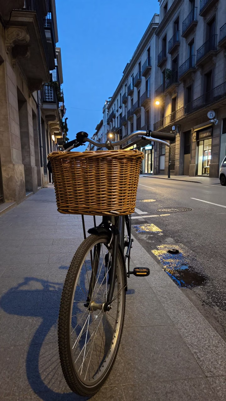 Blue Hour Barcelona Street Scene with Bicycle Basket and Grease Sheen on Rail in in Barcelona, Spain