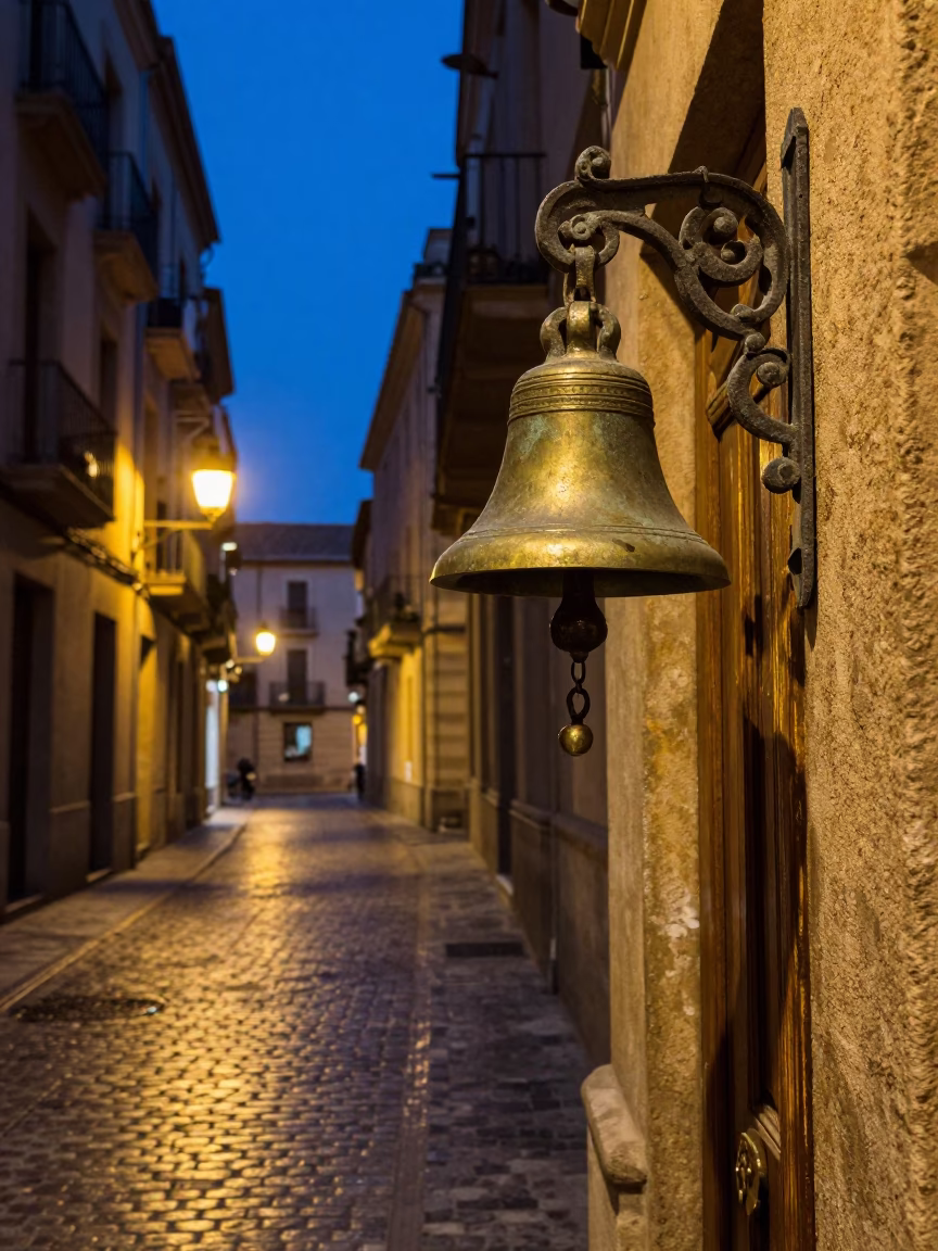 Blue Hour Barcelona Street Scene with Brass Bell and Vintage Door Latch in in Barcelona, Spain