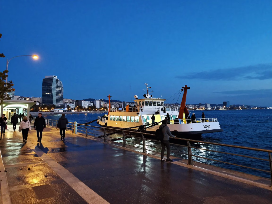 Blue Hour Barcelona Street Scene with Chain Ferry and Urban Life in in Barcelona, Spain