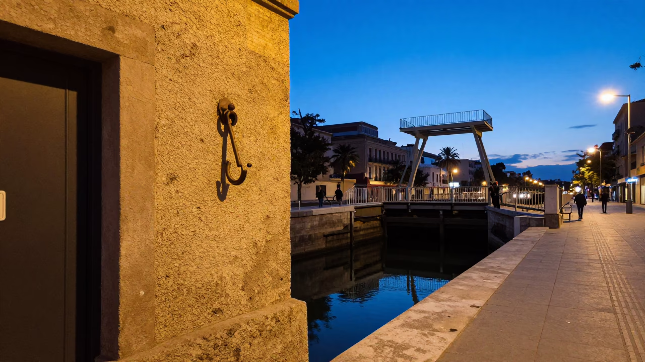 Blue Hour Barcelona Street Scene with Crumbling Canal Lock and Drawbridge Elements in in Barcelona, Spain