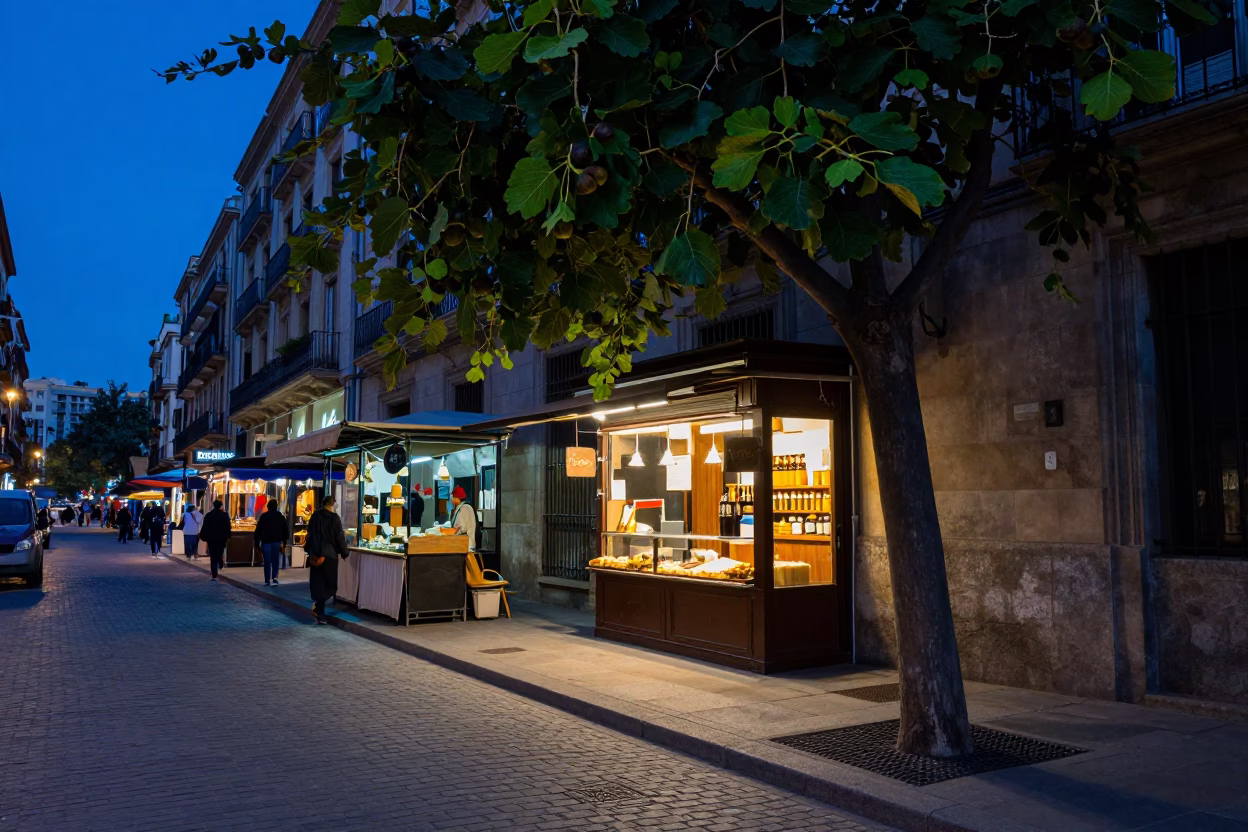 Blue Hour Barcelona Street Scene with Fig Tree and Market Stalls in in Barcelona, Spain