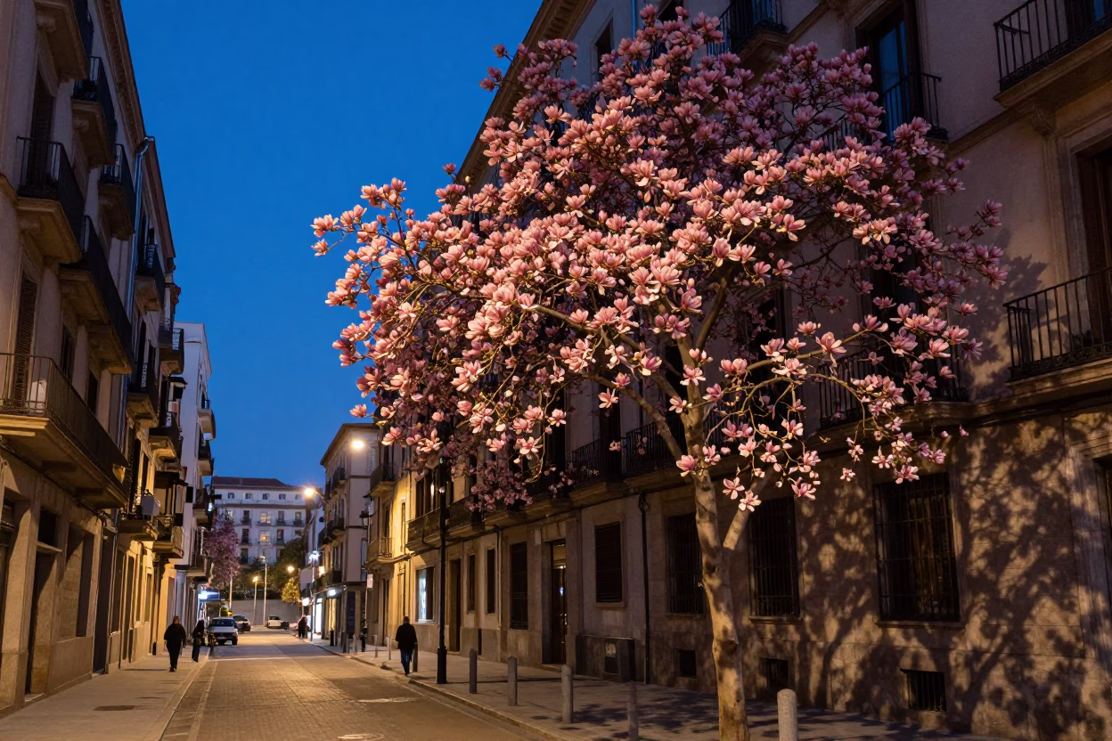 Blue Hour Barcelona Street Scene with Magnolia Tree Bloom and City Lights in in Barcelona, Spain